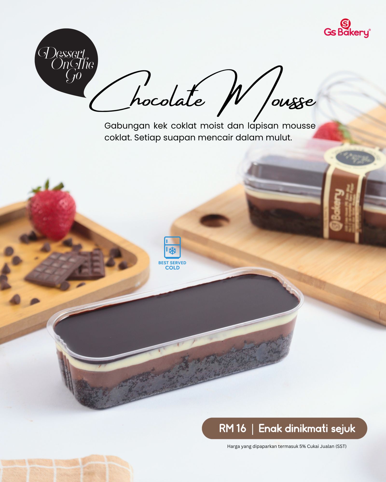 kek chocolate mousse dengan lapisan kek coklat moist dan mousse coklat